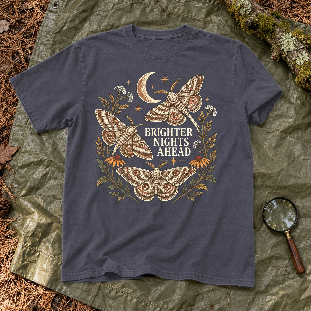 Brighter Nights Ahead Moth Graphic Tee on Navy Premium Tee