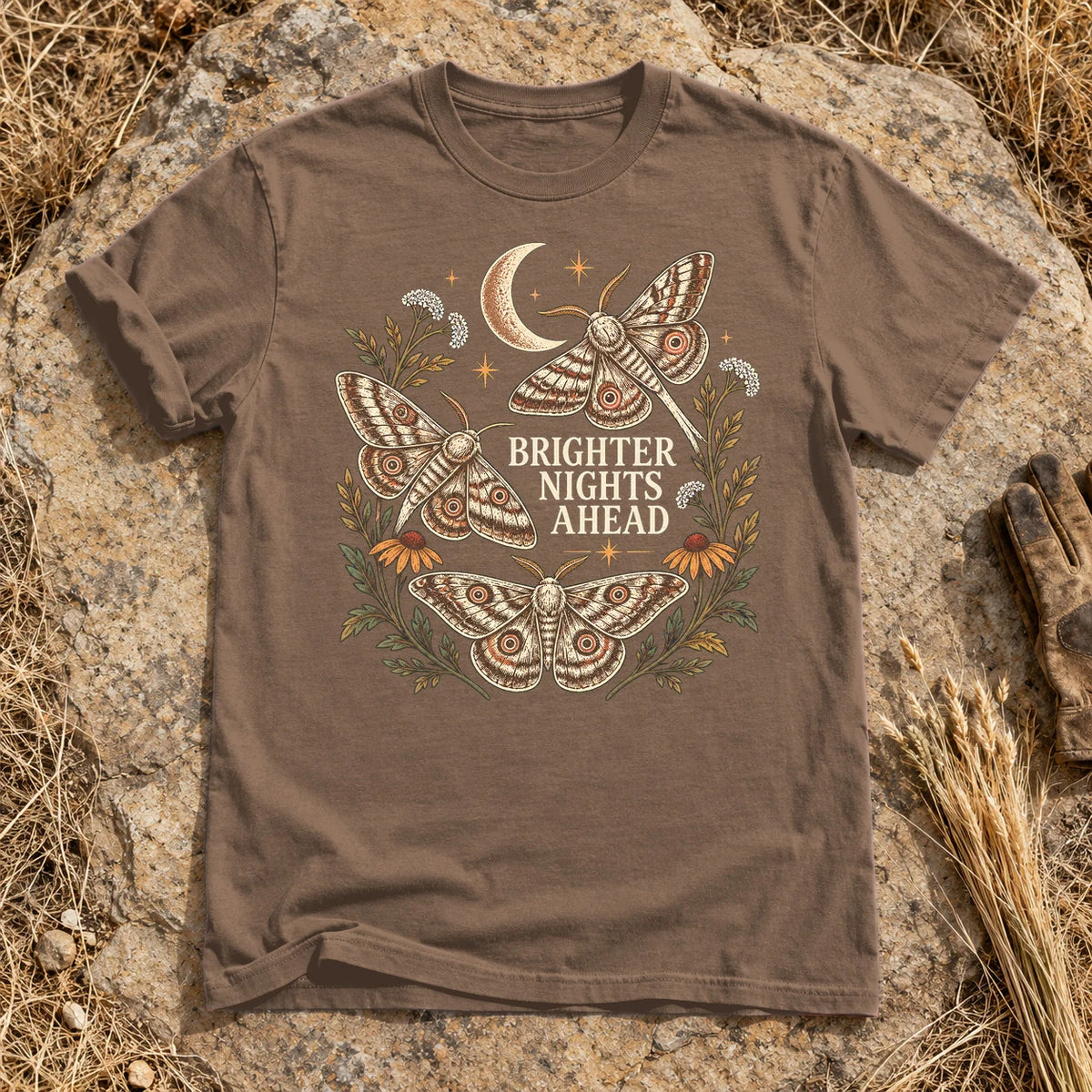 Brighter Nights Ahead Moth Graphic Tee on Espresso Premium Tee