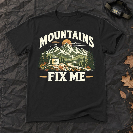 Mountains Fix Me Vintage Graphic Tee on Black Everyday Soft Tee