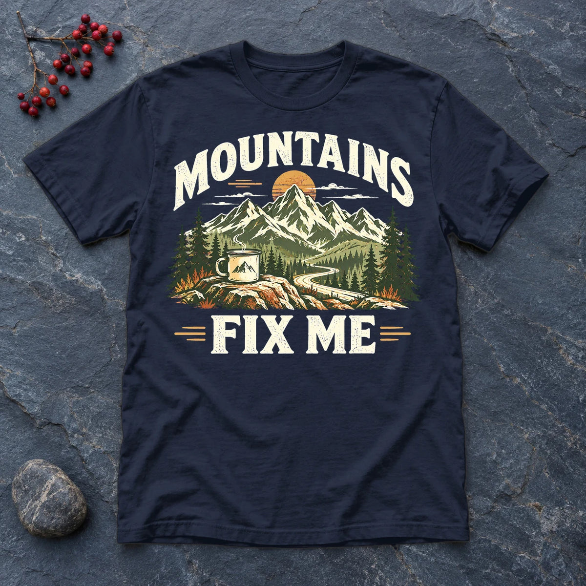 Mountains Fix Me Vintage Graphic Tee on Navy Everyday Soft Tee