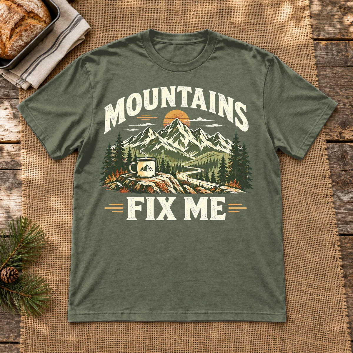 Mountains Fix Me Vintage Graphic Tee on Military Green Everyday Soft Tee