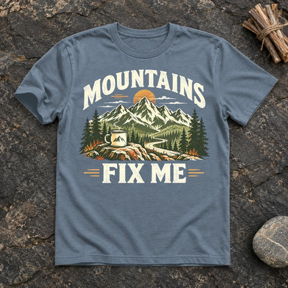 Mountains Fix Me Vintage Graphic Tee on Heather Indigo Everyday Soft Tee