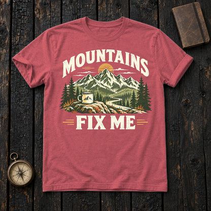 Mountains Fix Me Vintage Graphic Tee on Heather Red Everyday Soft Tee