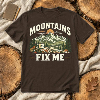 Mountains Fix Me Vintage Graphic Tee on Dark Chocolate Everyday Soft Tee