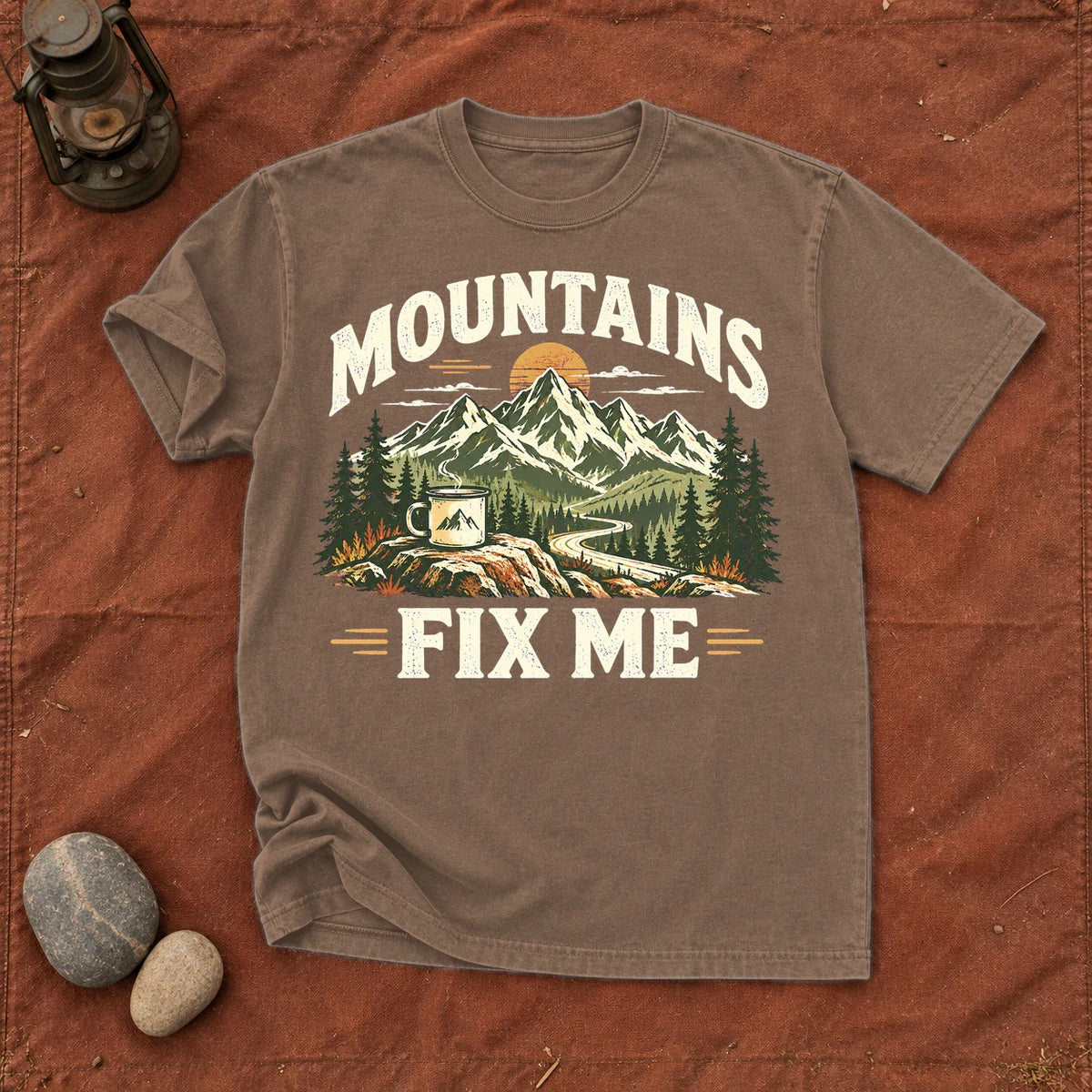Mountains Fix Me Vintage Graphic Tee on Espresso Premium Tee