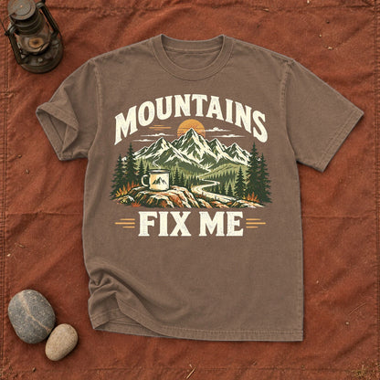 Mountains Fix Me Vintage Graphic Tee on Espresso Premium Tee