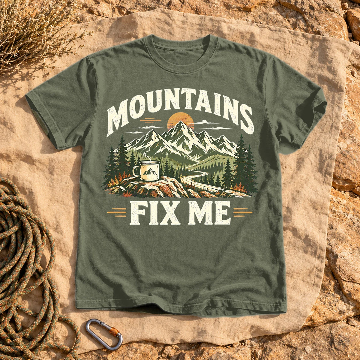 Mountains Fix Me Vintage Graphic Tee on Moss Premium Tee