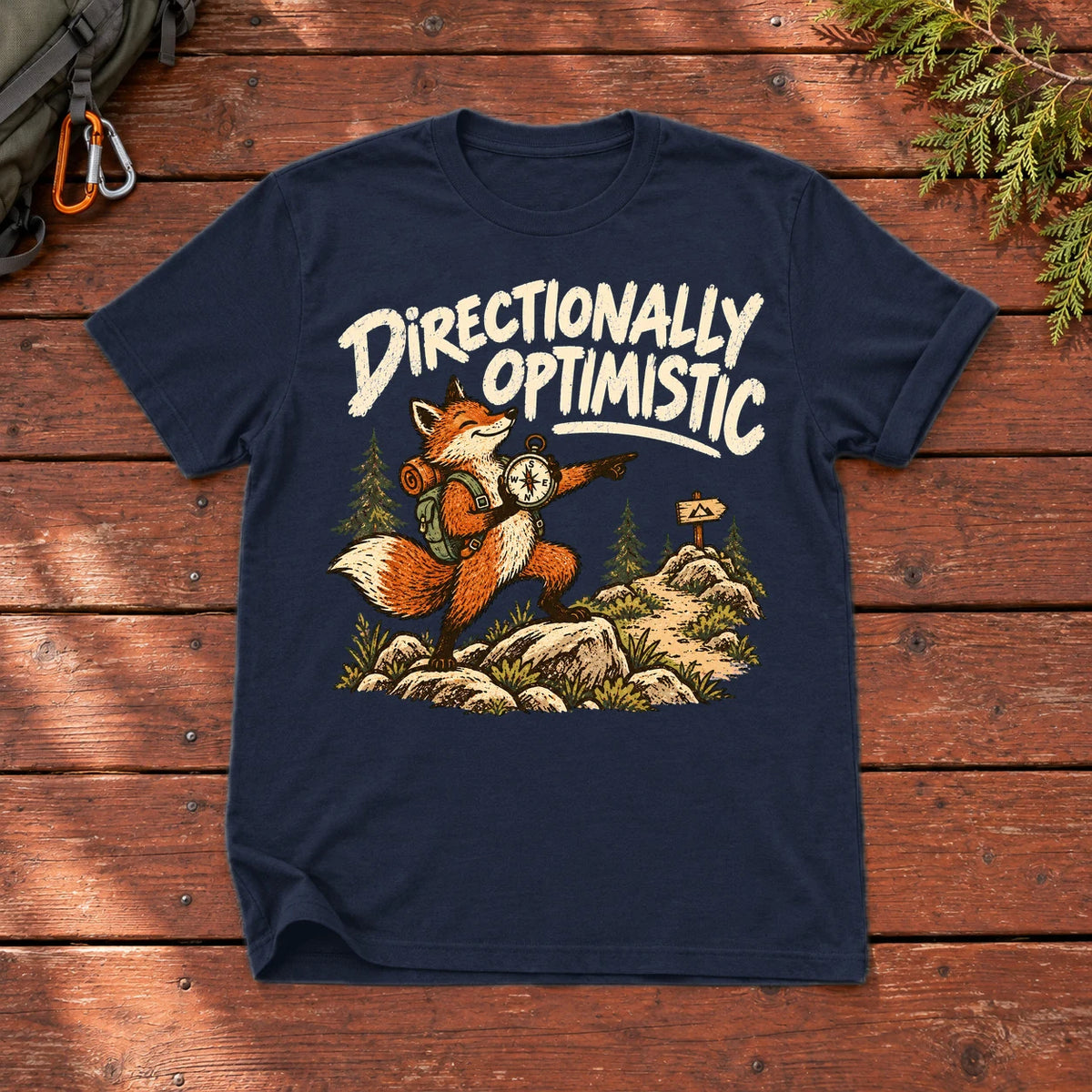 Directionally Optimistic Fox Graphic Tee on Navy Everyday Soft Tee