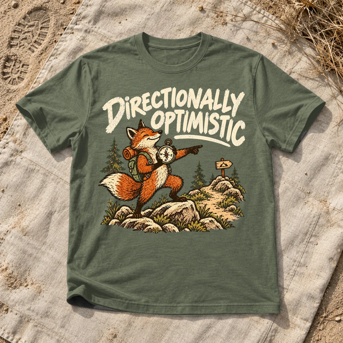 Directionally Optimistic Fox Graphic Tee on Military Green Everyday Soft Tee