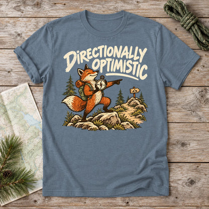Directionally Optimistic Fox Graphic Tee on Heather Indigo Everyday Soft Tee