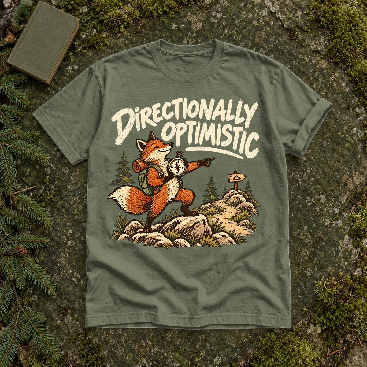 Directionally Optimistic Fox Graphic Tee on Moss Premium Tee
