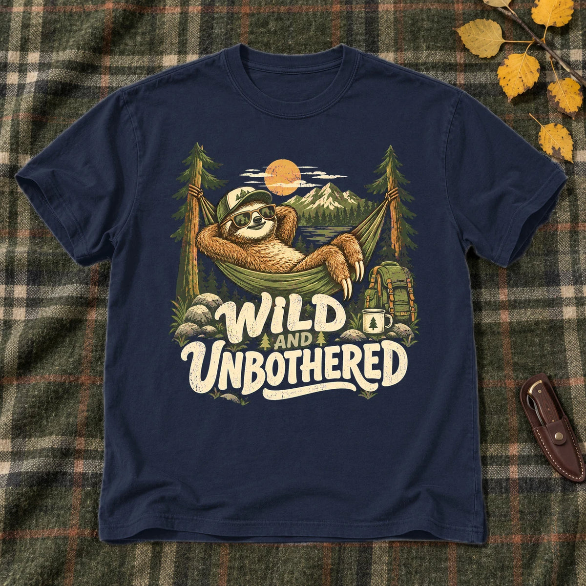 Wild & Unbothered Sloth Graphic Tee on Navy Everyday Soft Tee