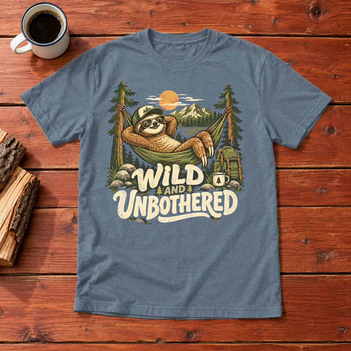 Wild & Unbothered Sloth Graphic Tee on Heather Indigo Everyday Soft Tee