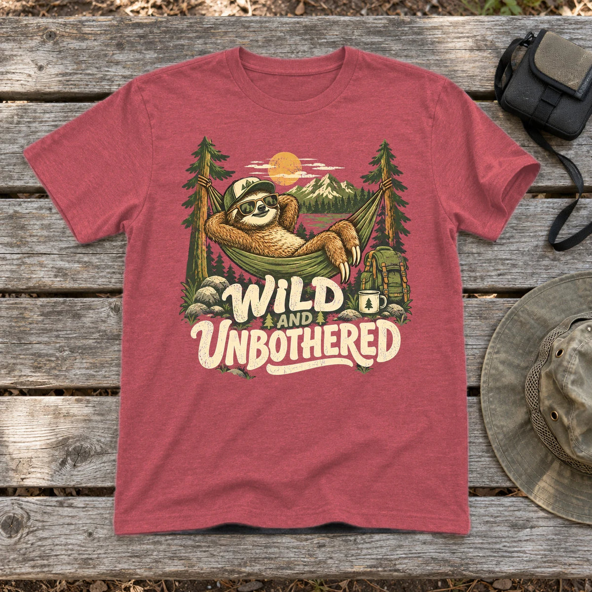 Wild & Unbothered Sloth Graphic Tee on Heather Red Everyday Soft Tee