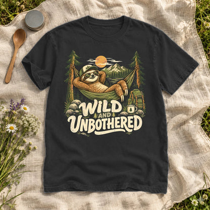 Wild & Unbothered Sloth Graphic Tee on Black Premium Tee