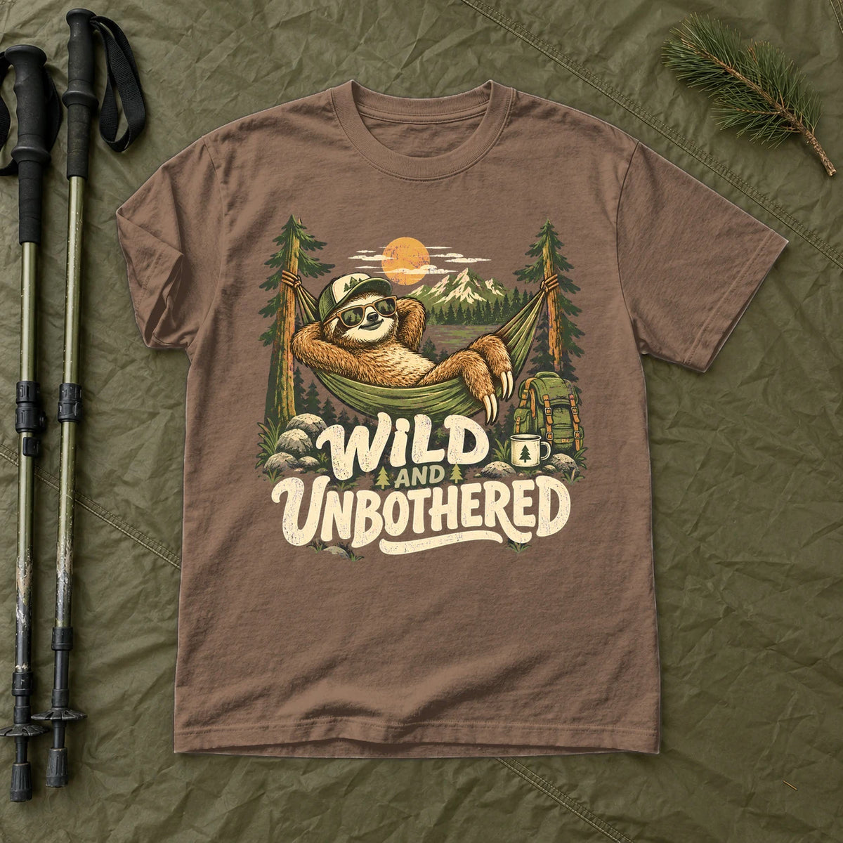Wild & Unbothered Sloth Graphic Tee on Espresso Premium Tee
