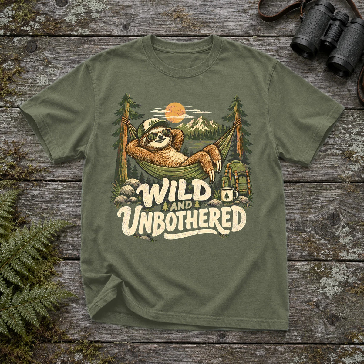 Wild & Unbothered Sloth Graphic Tee on Moss Premium Tee