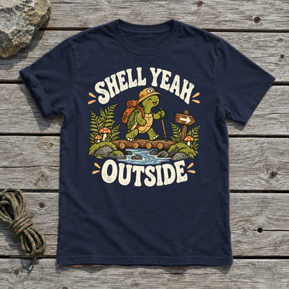 Shell Yeah Outside Hiking Turtle Graphic Tee on Navy Everyday Soft Tee