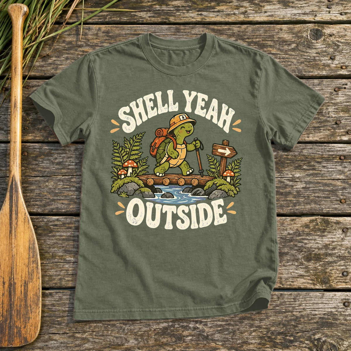 Shell Yeah Outside Hiking Turtle Graphic Tee on Military Green Everyday Soft Tee