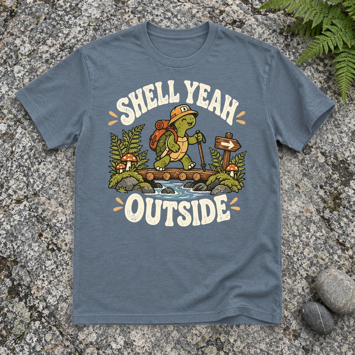 Shell Yeah Outside Hiking Turtle Graphic Tee on Heather Indigo Everyday Soft Tee