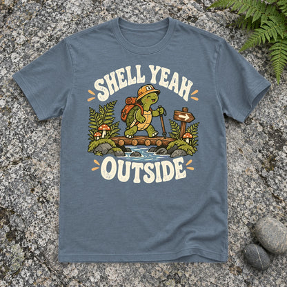 Shell Yeah Outside Hiking Turtle Graphic Tee on Heather Indigo Everyday Soft Tee
