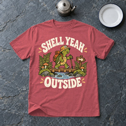 Shell Yeah Outside Hiking Turtle Graphic Tee on Heather Red Everyday Soft Tee