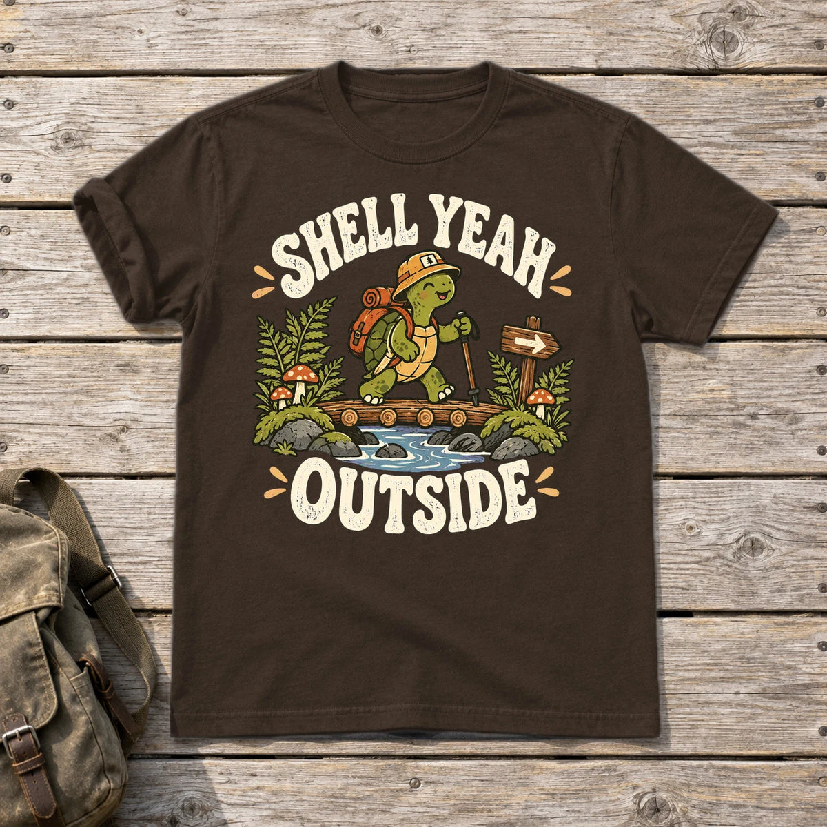 Shell Yeah Outside Hiking Turtle Graphic Tee on Dark Chocolate Everyday Soft Tee