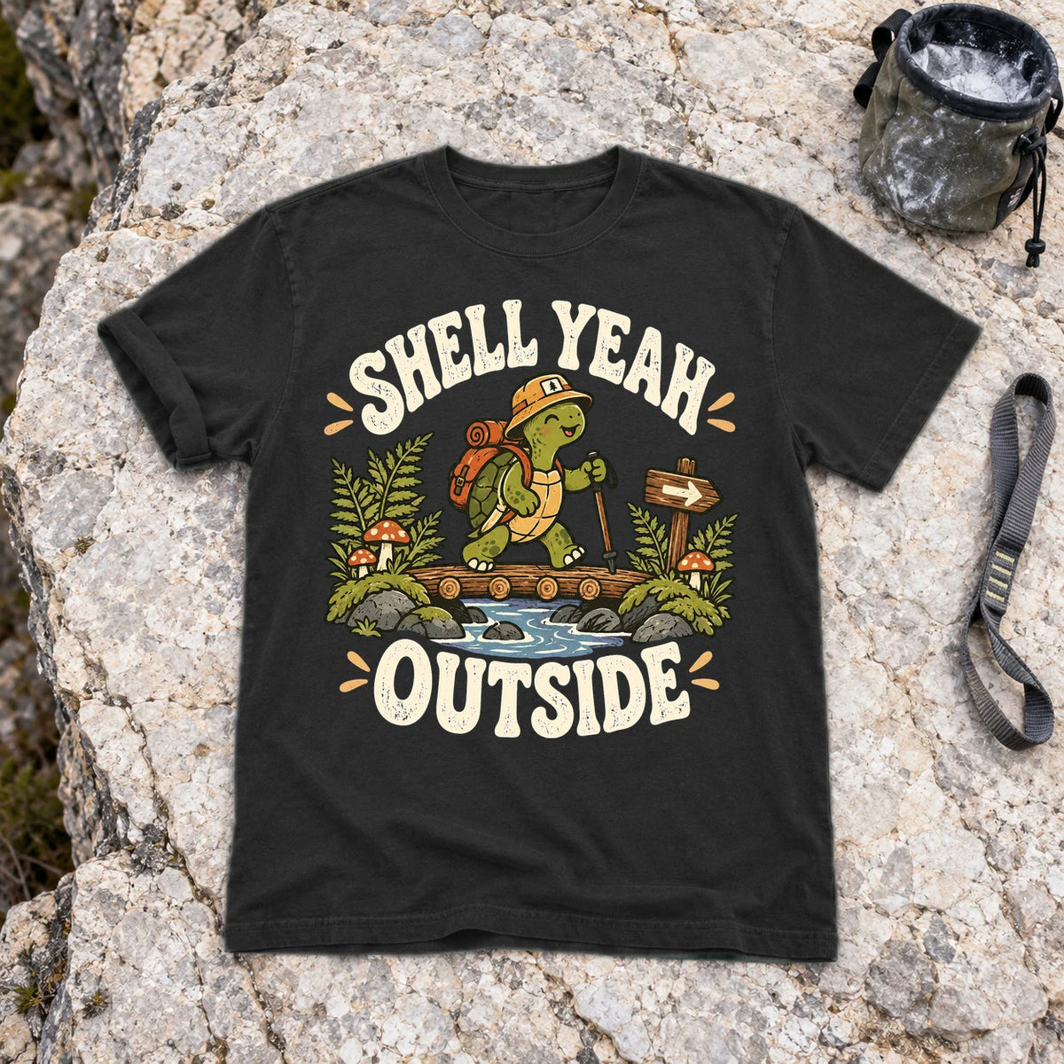 Shell Yeah Outside Hiking Turtle Graphic Tee on Black Premium Tee