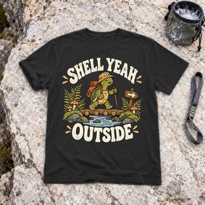 Shell Yeah Outside Hiking Turtle Graphic Tee on Black Premium Tee