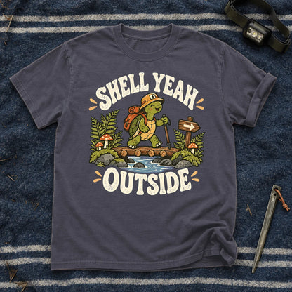 Shell Yeah Outside Hiking Turtle Graphic Tee on Navy Premium Tee