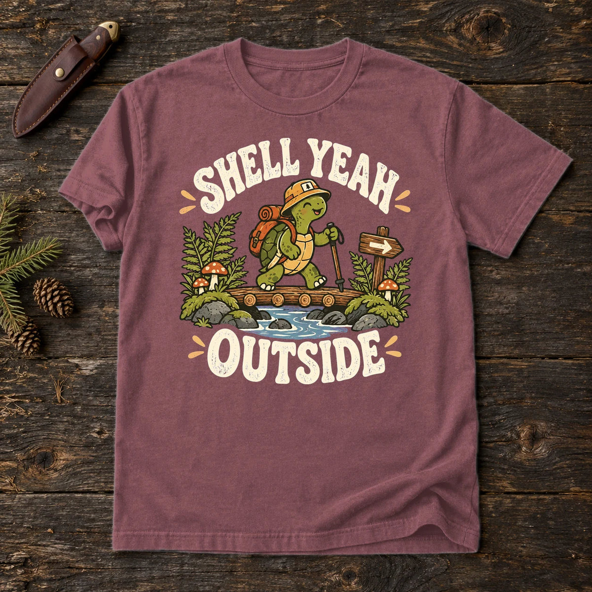 Shell Yeah Outside Hiking Turtle Graphic Tee on Brick Premium Tee