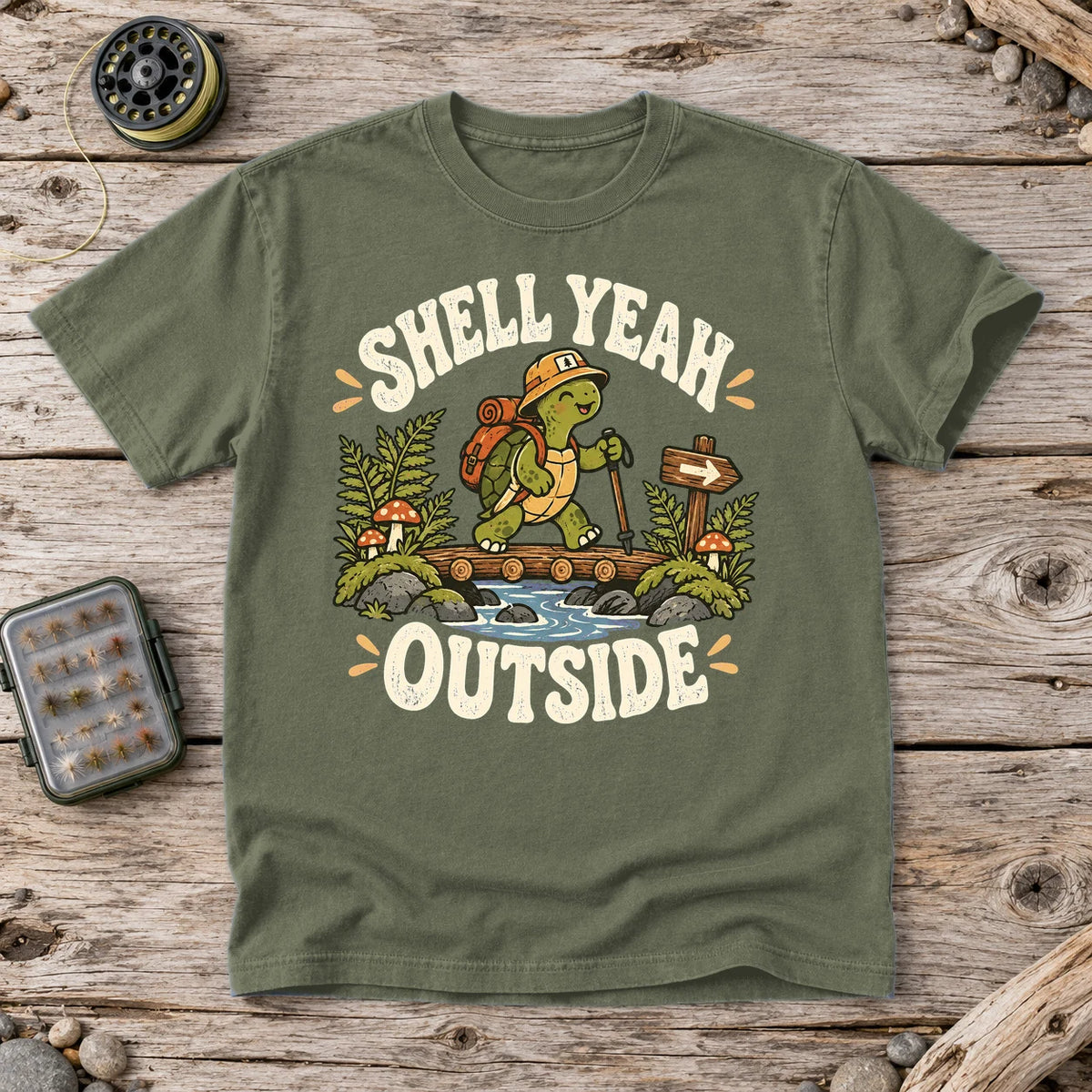 Shell Yeah Outside Hiking Turtle Graphic Tee on Moss Premium Tee