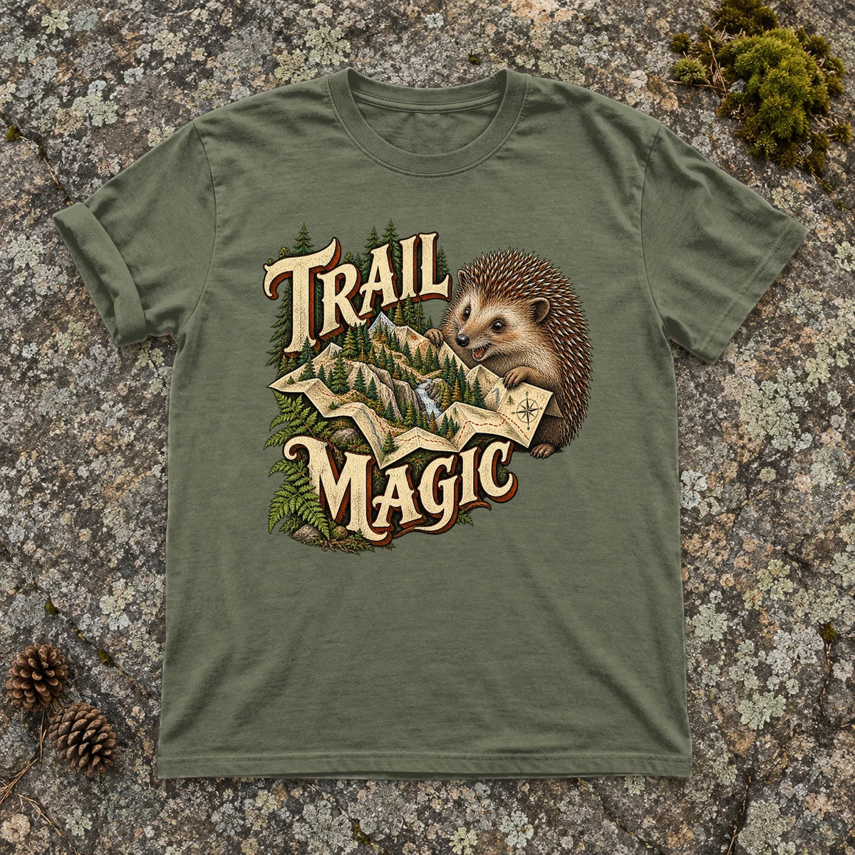 Trail Magic Hedgehog Graphic Tee on Moss Premium Tee