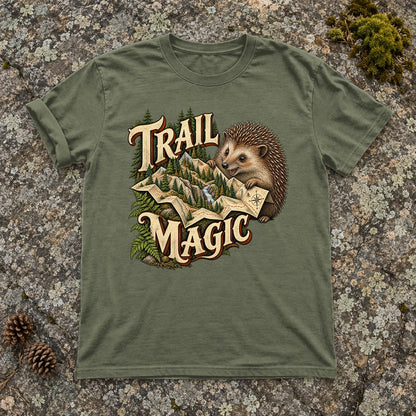 Trail Magic Hedgehog Graphic Tee on Moss Premium Tee