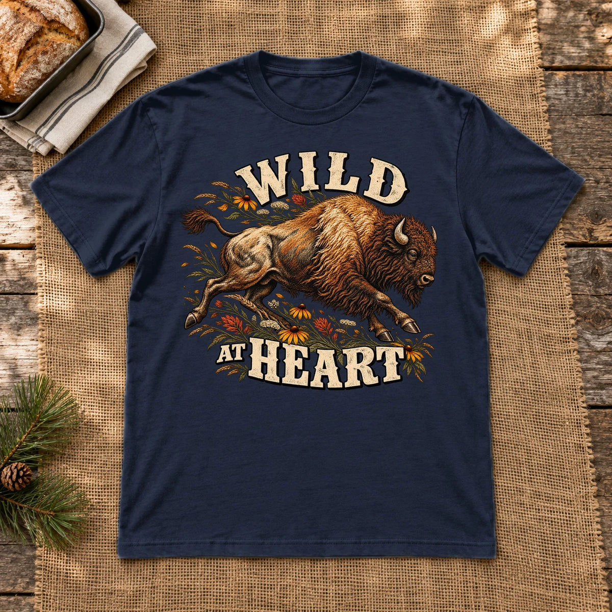 Wild at Heart Bison Graphic Tee on Navy Everyday Soft Tee
