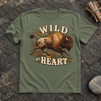 Wild at Heart Bison Graphic Tee on Military Green Everyday Soft Tee