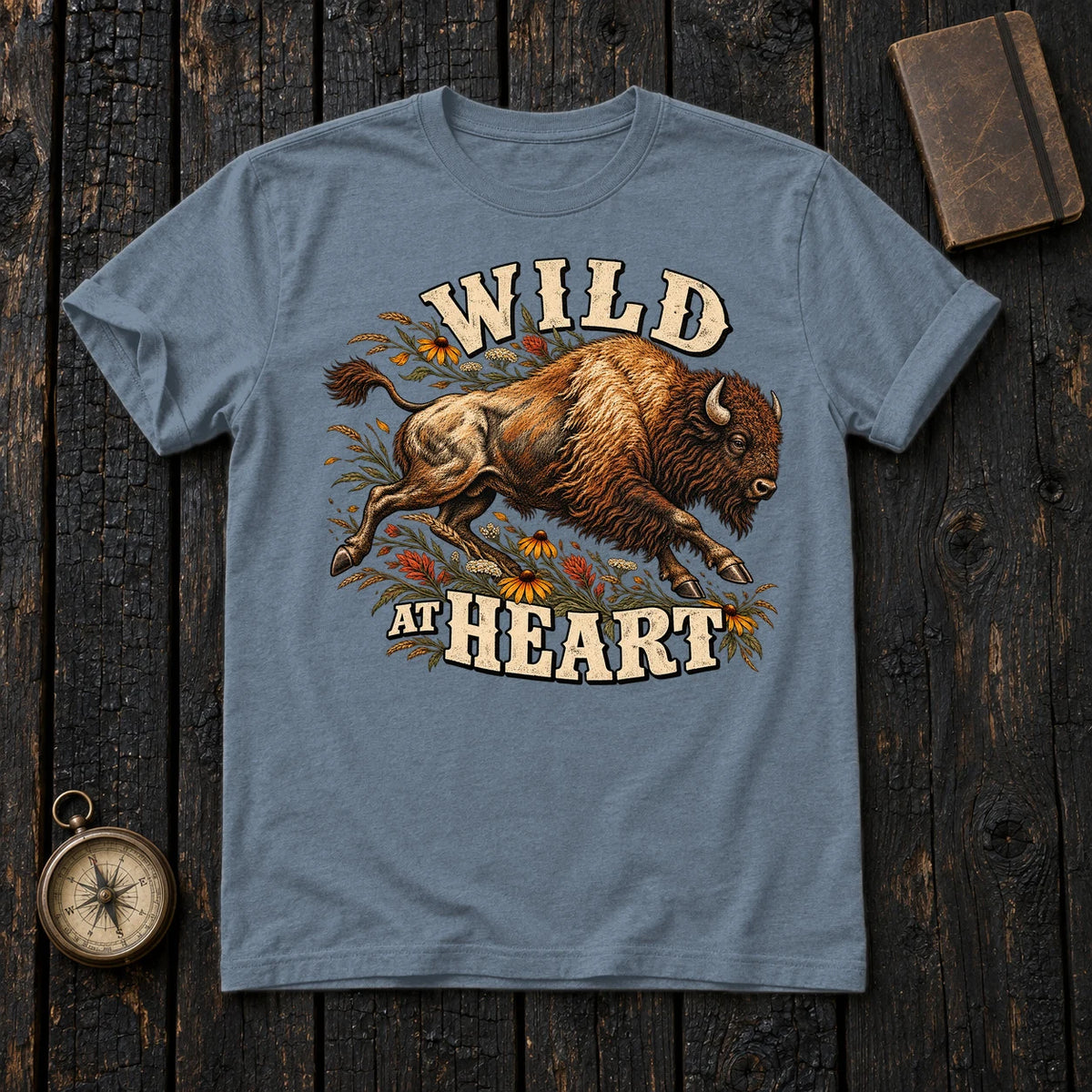 Wild at Heart Bison Graphic Tee on Heather Indigo Everyday Soft Tee