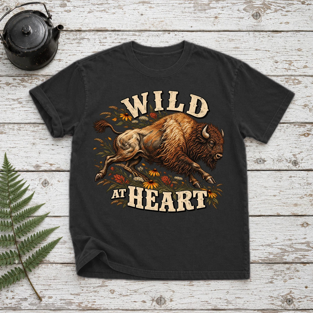 Wild at Heart Bison Graphic Tee on Black Premium Tee