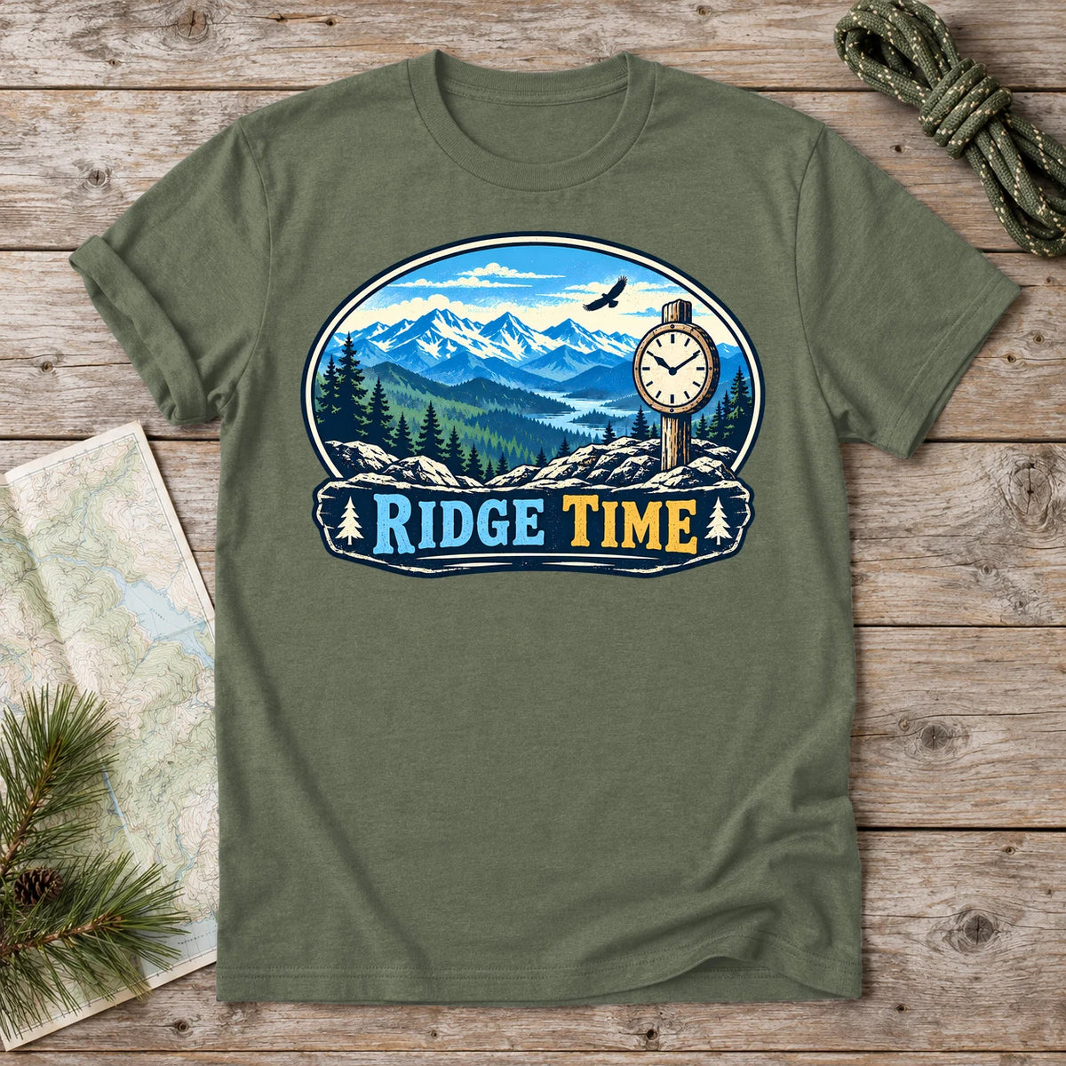 Ridge Time Vintage Mountain Graphic Tee on Military Green Everyday Soft Tee
