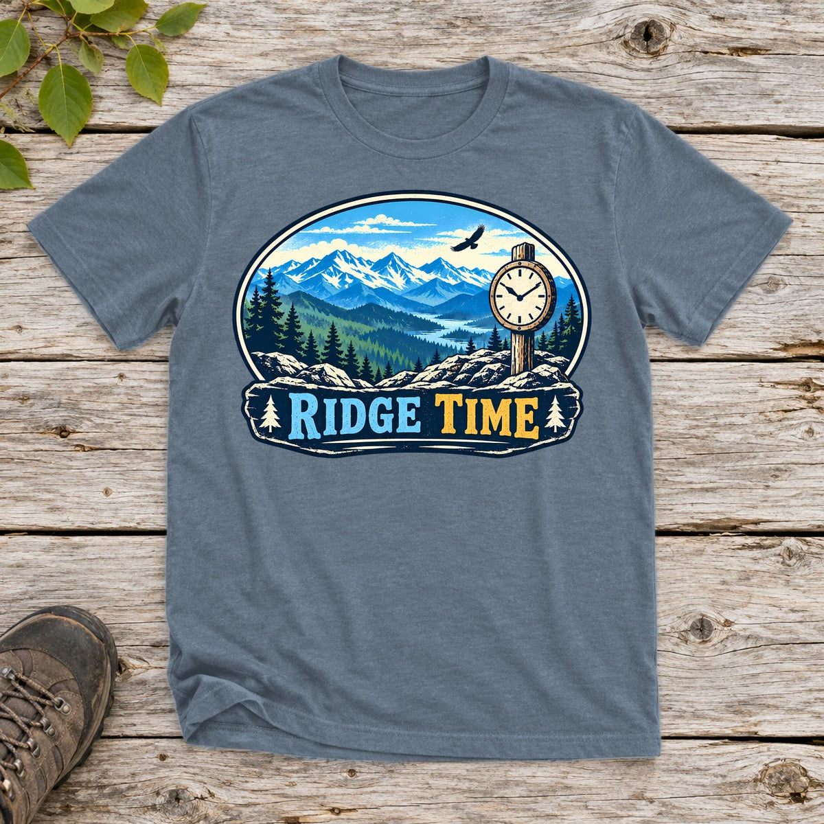 Ridge Time Vintage Mountain Graphic Tee on Heather Indigo Everyday Soft Tee