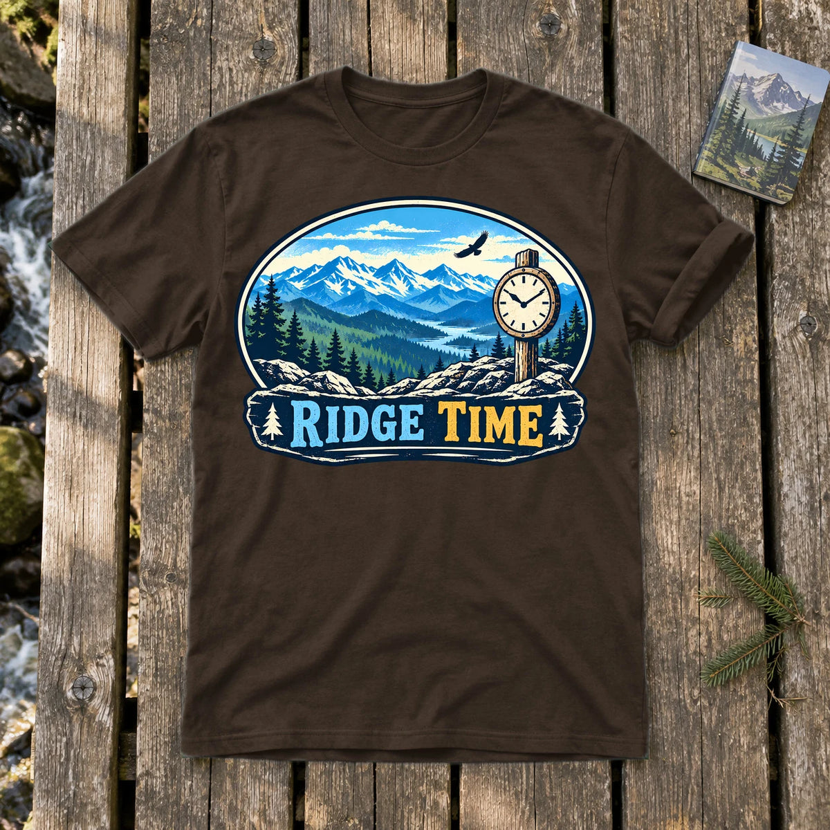 Ridge Time Vintage Mountain Graphic Tee on Dark Chocolate Everyday Soft Tee