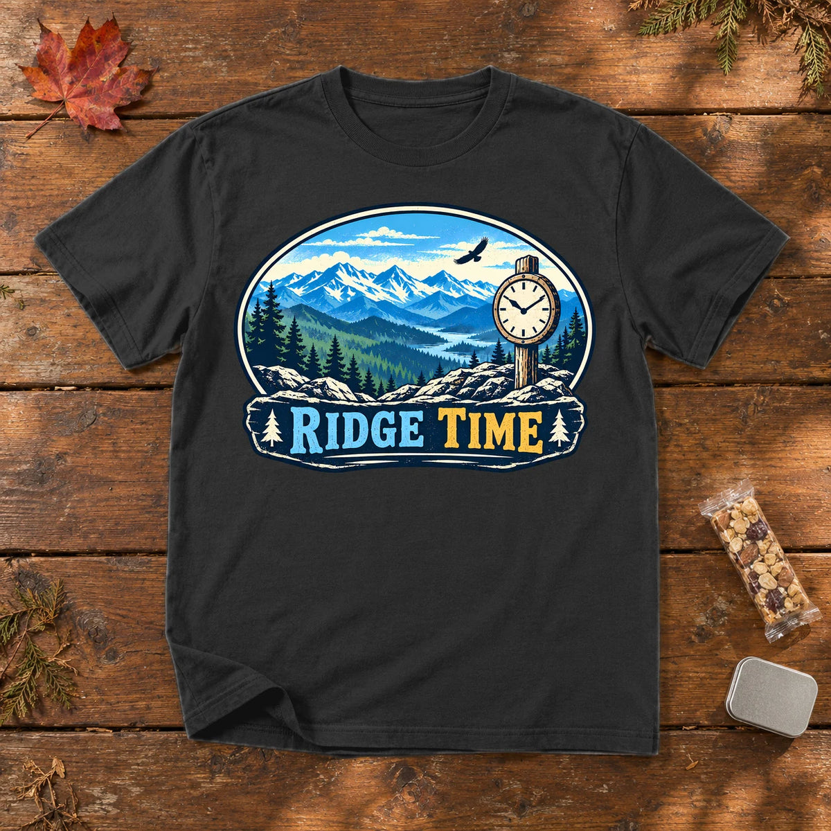 Ridge Time Vintage Mountain Graphic Tee on Black Premium Tee
