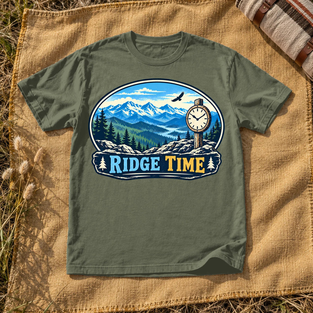 Ridge Time Vintage Mountain Graphic Tee on Moss Premium Tee