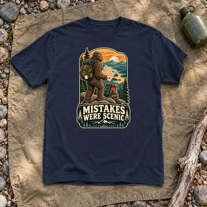 Mistakes Were Scenic Bigfoot Graphic Tee on Navy Everyday Soft Tee