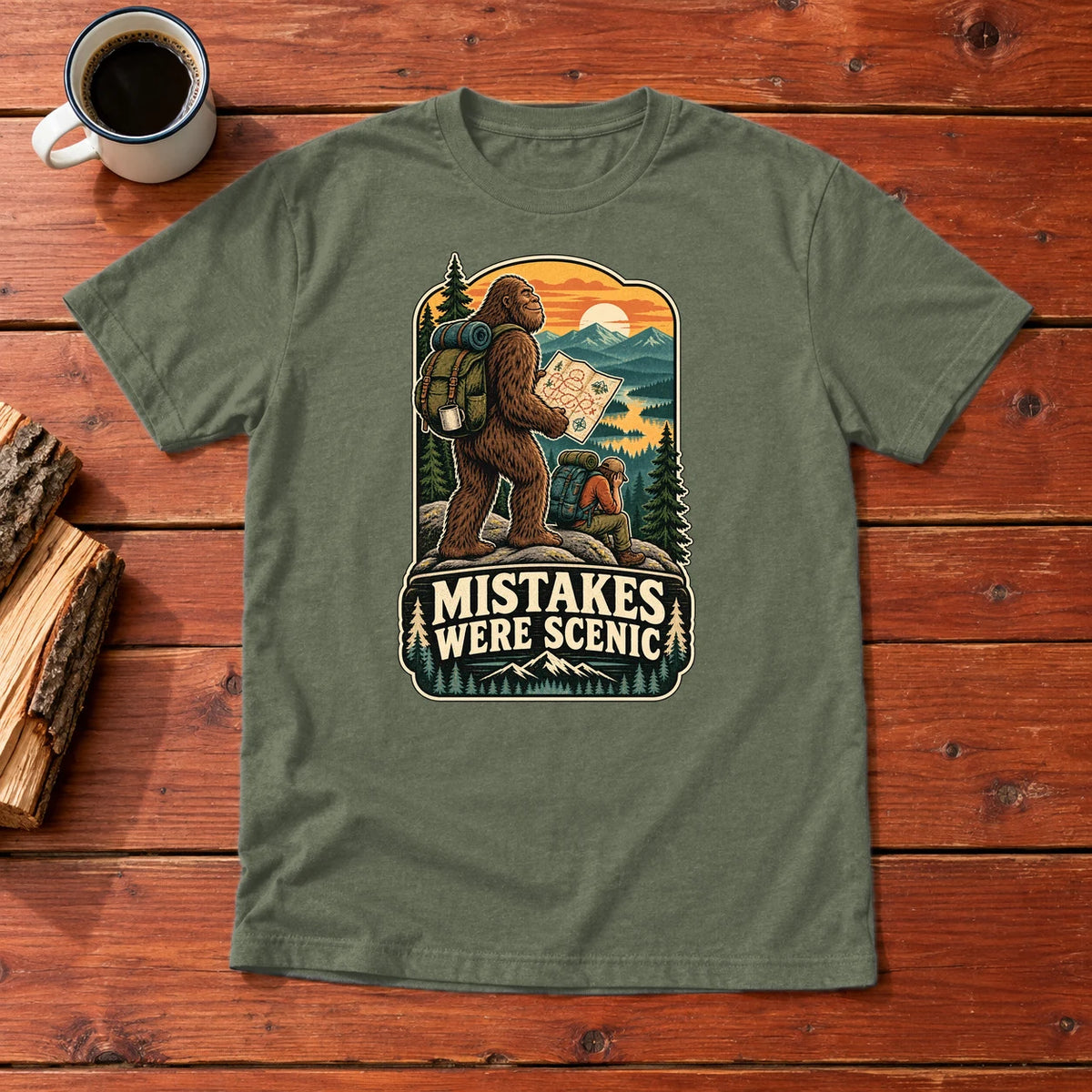 Mistakes Were Scenic Bigfoot Graphic Tee on Military Green Everyday Soft Tee