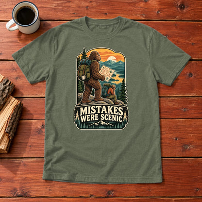 Mistakes Were Scenic Bigfoot Graphic Tee on Military Green Everyday Soft Tee