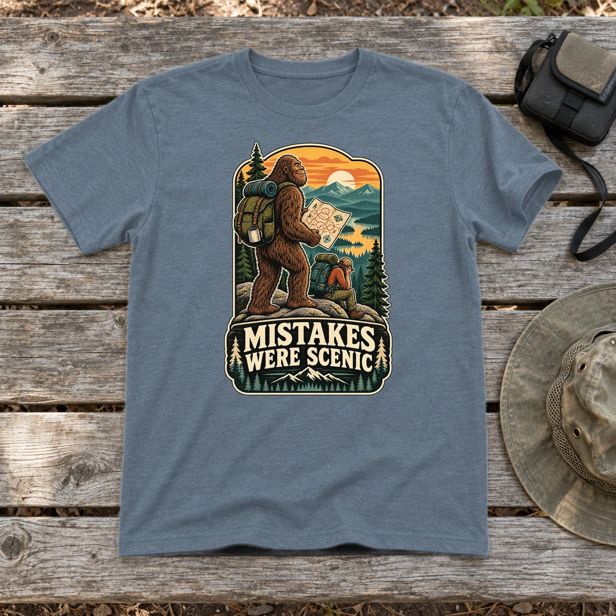 Mistakes Were Scenic Bigfoot Graphic Tee on Heather Indigo Everyday Soft Tee