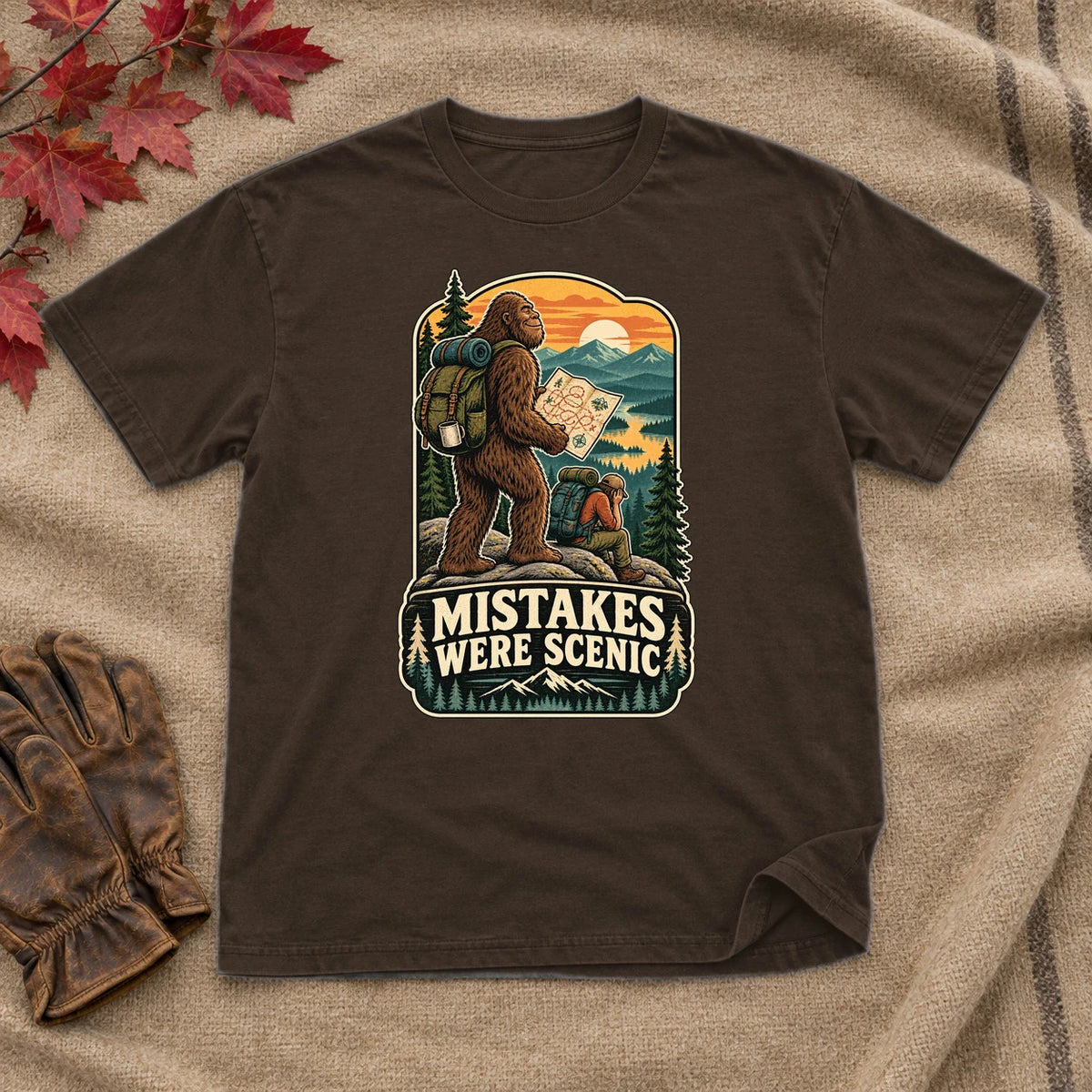 Mistakes Were Scenic Bigfoot Graphic Tee on Dark Chocolate Everyday Soft Tee