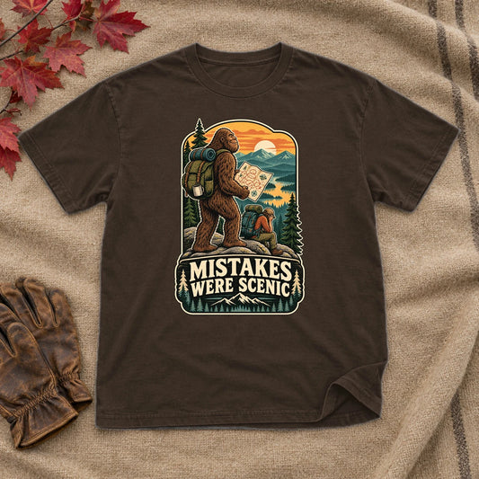 Mistakes Were Scenic Bigfoot Graphic Tee on Dark Chocolate Everyday Soft Tee