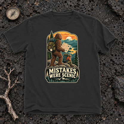 Mistakes Were Scenic Bigfoot Graphic Tee on Black Premium Tee